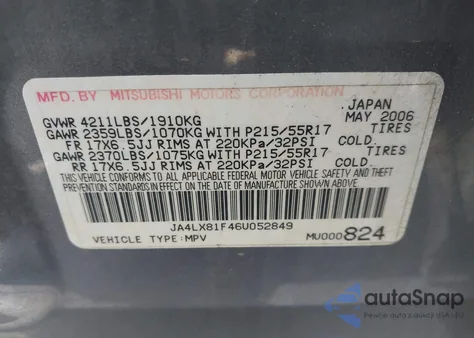 2006 Mitsubishi Outlander Limited z USA, uszkodzony, nr VIN JA4LX81F46U052849